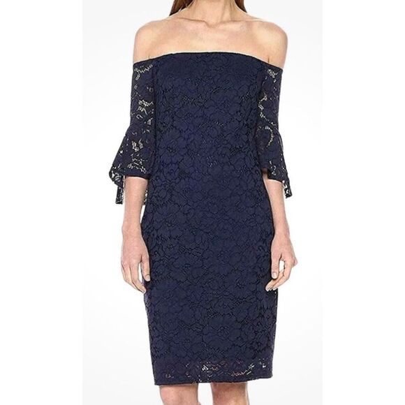 Laundry by Shelli Segal Lace Cocktail Dress Ink Blot Off the Shoulder Wmns Sz 4 - Picture 1 of 6